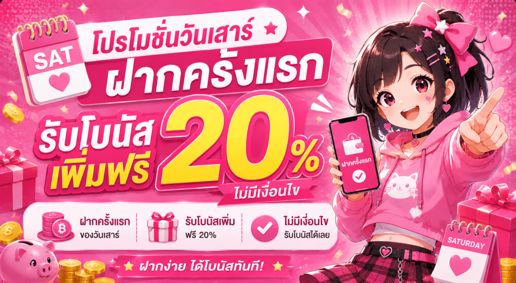 โปรโมชันวันเสาร์ฝากครั้งแรก รับโบนัสเพิ่มฟรี 20% ไม่มีเงื่อนไข