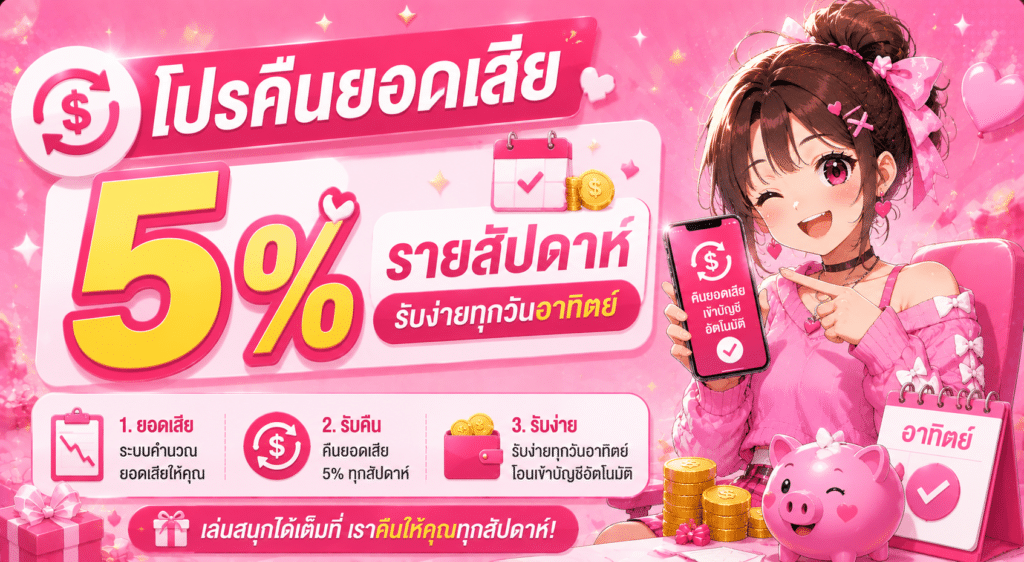 โปรคืนยอดเสีย 5% รายสัปดาห์ รับง่ายทุกวันอาทิต